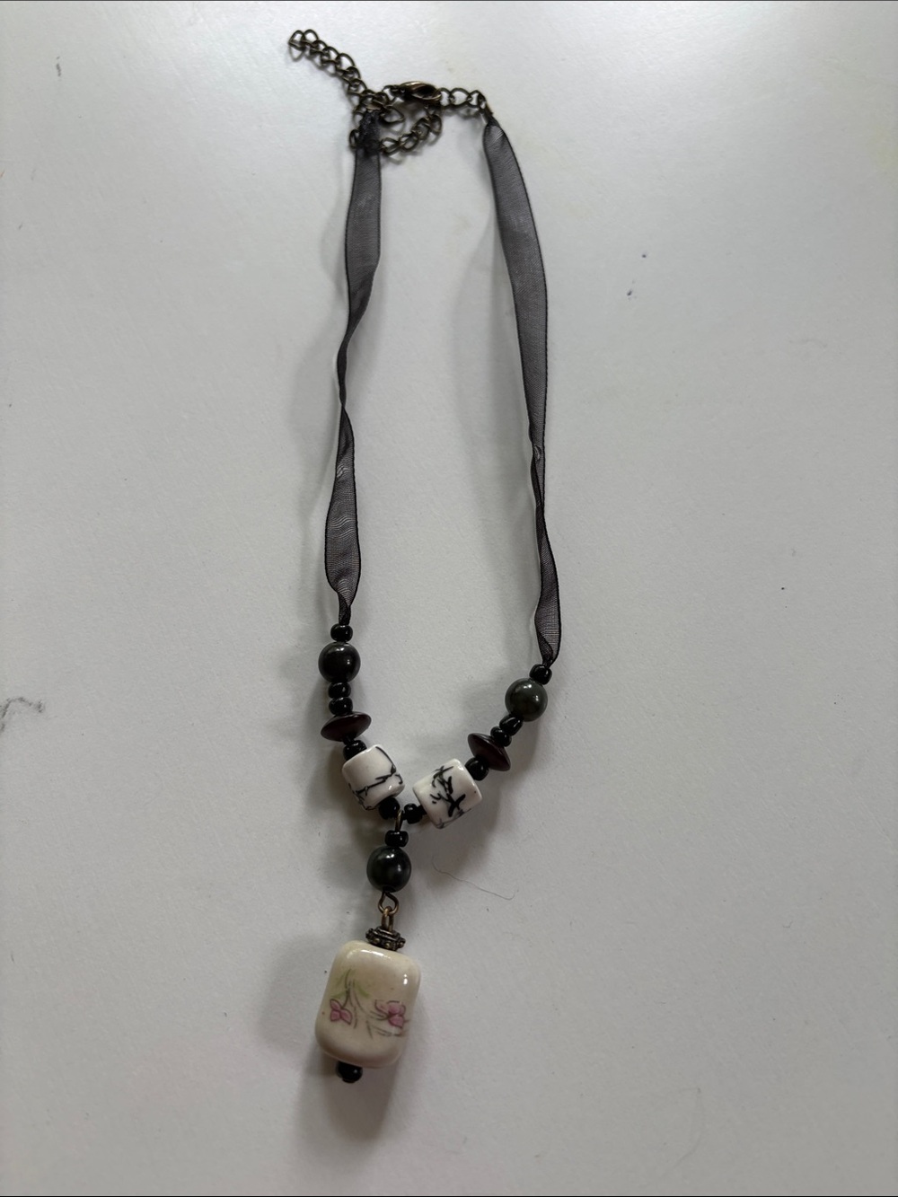 Handcrafted Black and White Beaded Pendant Necklace